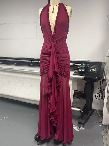 Mozision Elegant Halter Deep V Neck Sexy Maxi Dress Women Fashion Sleeveless Backless Ruched Evening Club Party Long Dress