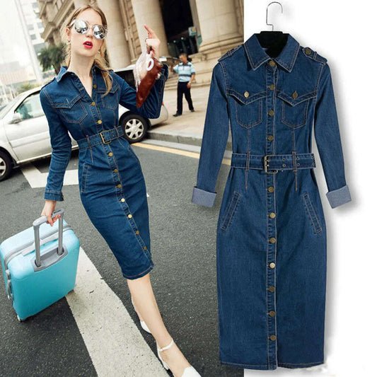 Winter Office Slim Denim Dress with Belt