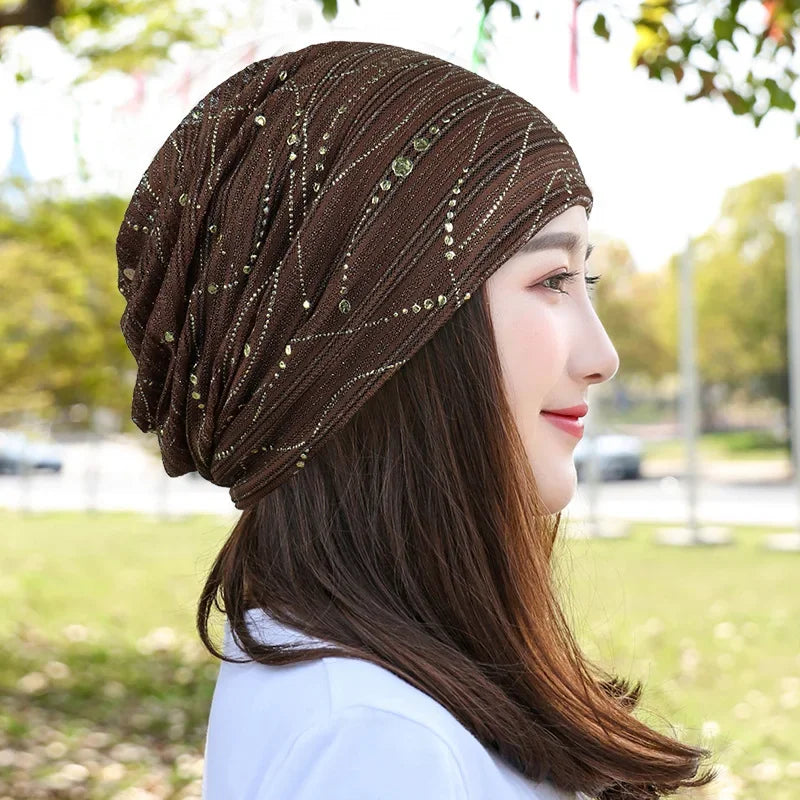 Women Summer Lace Rhinestone Breathable Sunscreen Sun Hat Female Fashion Spring Autumn Windproof Warm Black Cap Headscarf K39