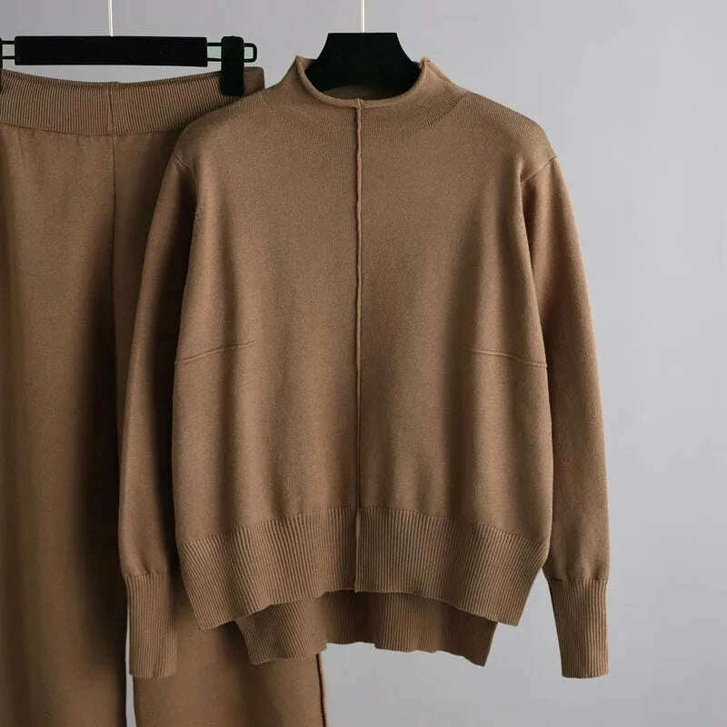 Winter Women's Knit Tracksuit, High Collar Pullover & Pants - D&M Boutique