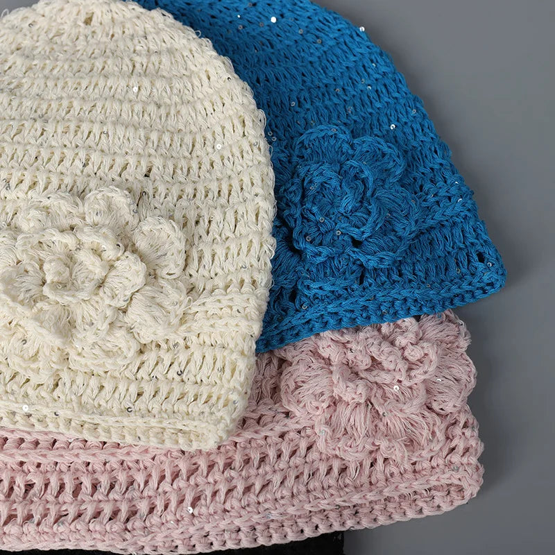 Popular Handmade Crochet Summer Beanies Hat For Women Solid Fashion Flower Sequin Best Matched Girls Skullies Bonnets Cap Gift