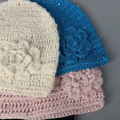 Popular Handmade Crochet Summer Beanies Hat For Women Solid Fashion Flower Sequin Best Matched Girls Skullies Bonnets Cap Gift