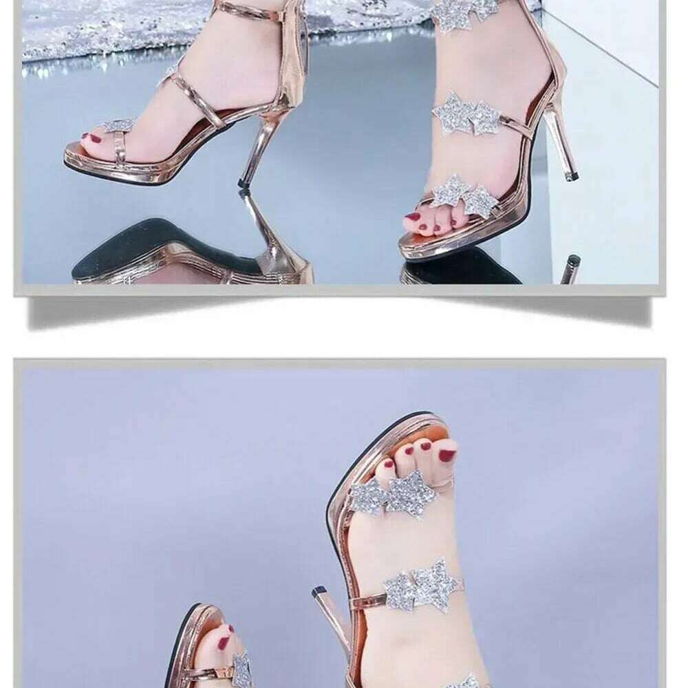 Elegant Glitter High Heel Sandals - Star & Heart Pattern