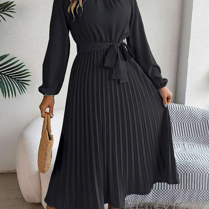 Autumn & Winter Pleated Stand-Up Collar Midi Dress