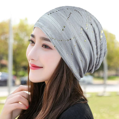 Women Summer Lace Rhinestone Breathable Sunscreen Sun Hat Female Fashion Spring Autumn Windproof Warm Black Cap Headscarf K39