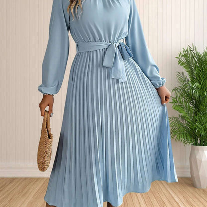 Elegant Pleated Lace-Up Long Sleeve A-Line Sundress