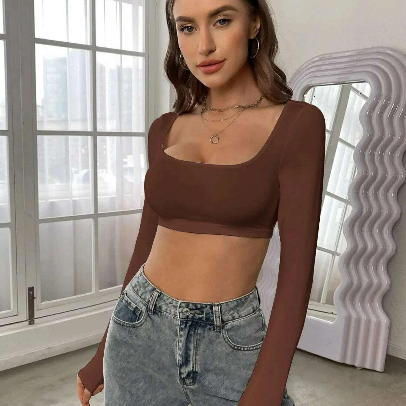 White Long Sleeve Crop Top: Y2K Corset, Knitted Elastic Tee - D&M Boutique 