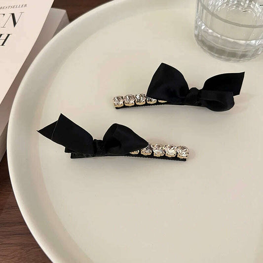 Korean Style Rhinestone Black Bow Barrette