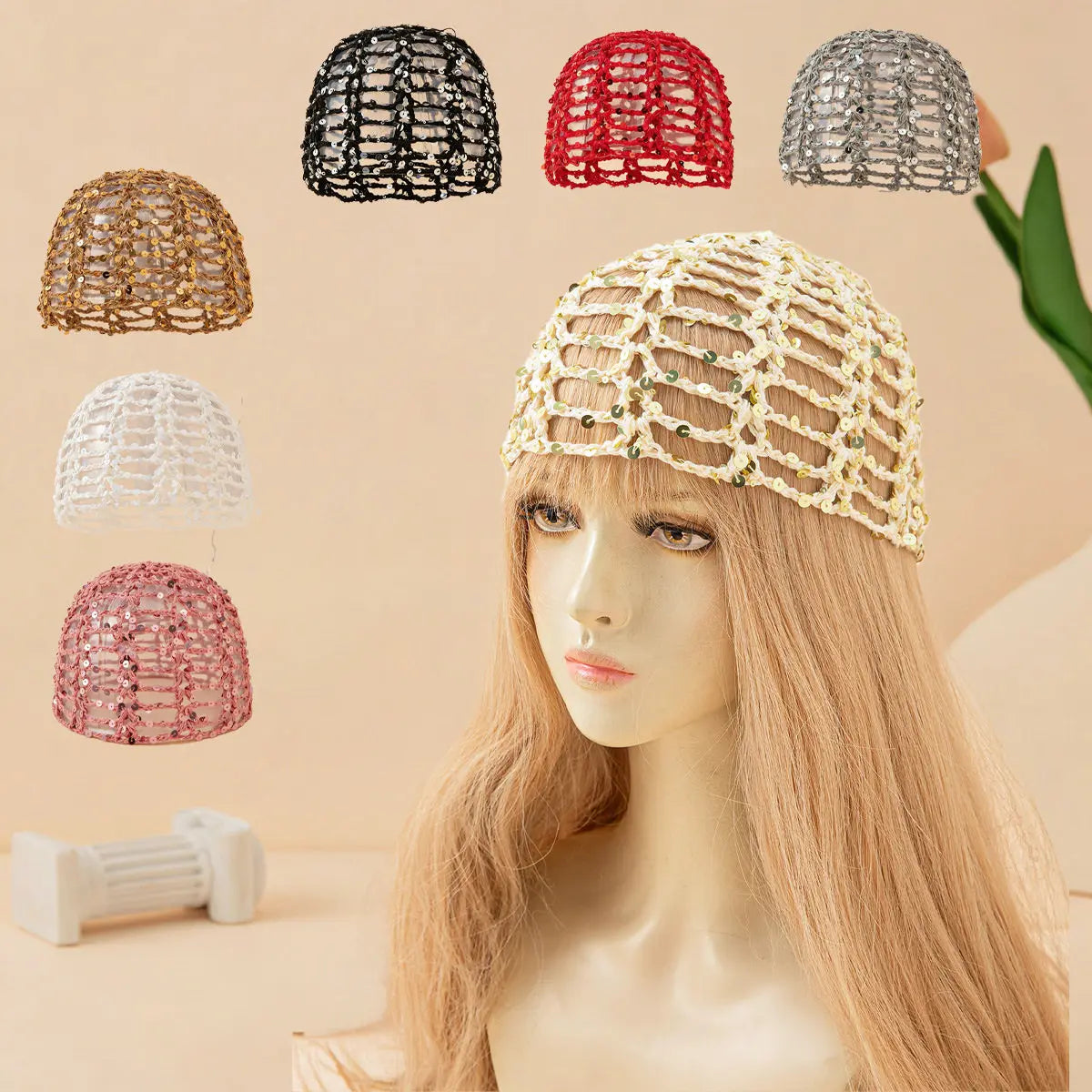 Fashion Vintage Sequined Hollow Pullover Hats Women Spring Summer Travel Photo Atmosphere Versatile Casual Y2K Knit Beanie Hat