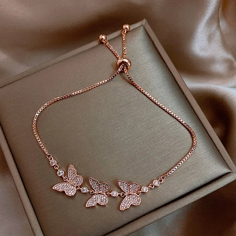 Korean Luxury Zircon Flower Adjustable Bracelet for Women Elegant Love Heart Butterfly Round Shiny Wedding Bracelet Jewelry Gift - D&M Boutique