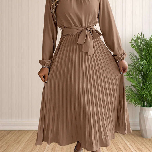Elegant Pleated Lace-Up Long Sleeve A-Line Sundress