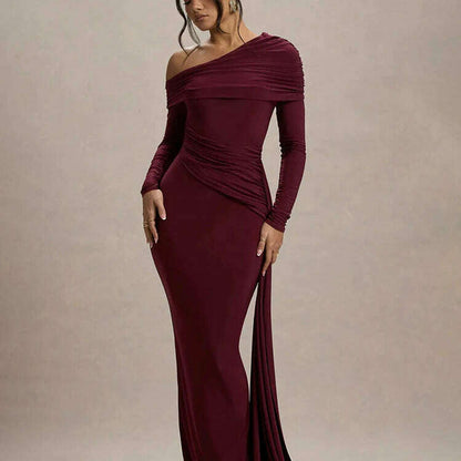 Mozision Skew Collar Long Sleeve Maxi Dress
