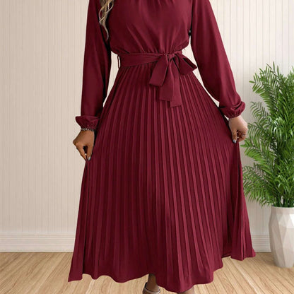 Elegant Pleated Lace-Up Long Sleeve A-Line Sundress