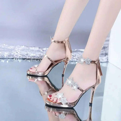 Elegant Glitter High Heel Sandals - Star & Heart Pattern