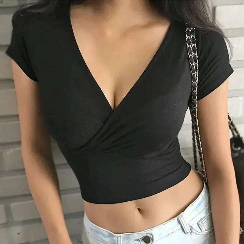 Black V-Neck Crop Top: Short Sleeve Y2K Tee