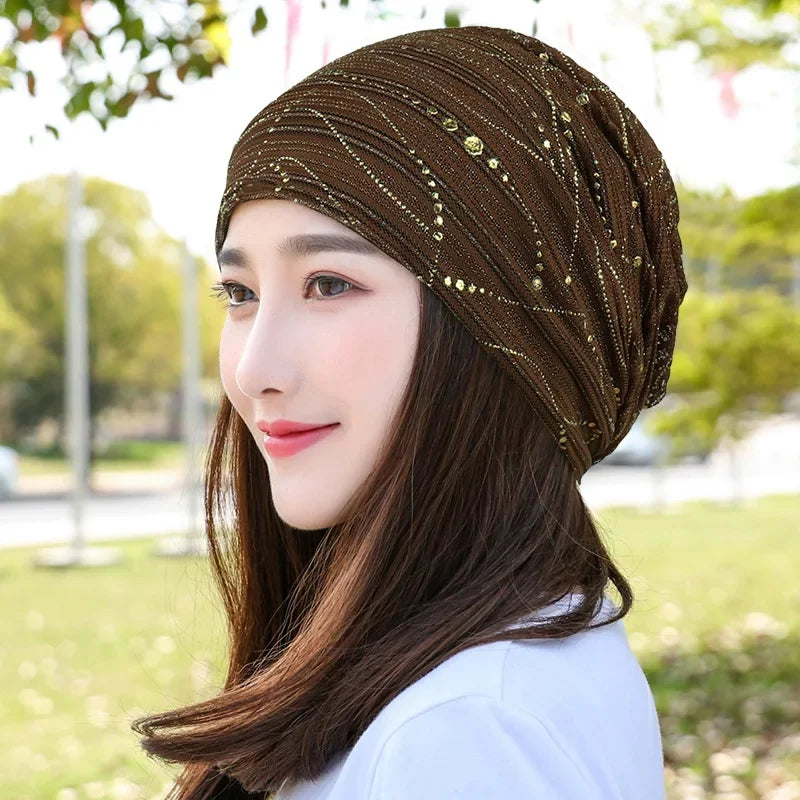 Women Summer Lace Rhinestone Breathable Sunscreen Sun Hat Female Fashion Spring Autumn Windproof Warm Black Cap Headscarf K39