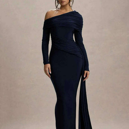 Mozision Skew Collar Long Sleeve Maxi Dress