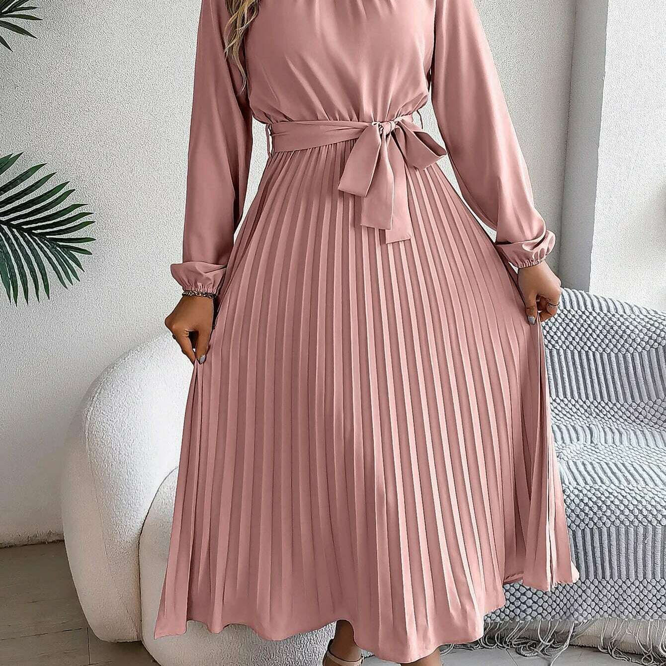 Autumn & Winter Pleated Stand-Up Collar Midi Dress