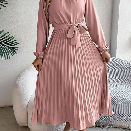 Autumn & Winter Pleated Stand-Up Collar Midi Dress