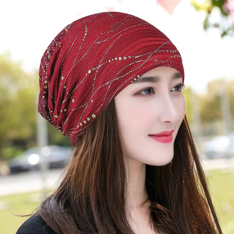 Women Summer Lace Rhinestone Breathable Sunscreen Sun Hat Female Fashion Spring Autumn Windproof Warm Black Cap Headscarf K39