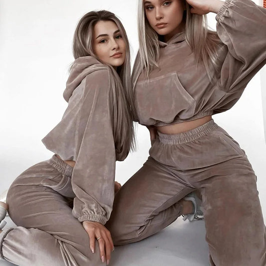 2025 Autumn Winter Women's Velvet Hoodie & Elastic Pants Set