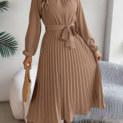 Autumn & Winter Pleated Stand-Up Collar Midi Dress