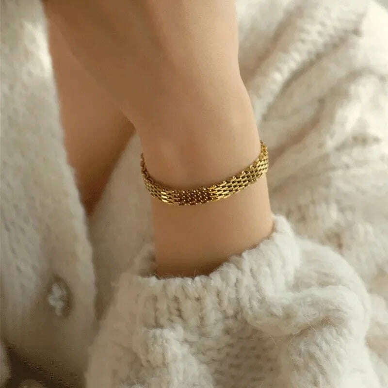 Gold Plated Stainless Steel Watch Belt Stacking Bracelet For Women Occident Metal Texture New Design Bracelet Jewelry Gifts - D&M Boutique