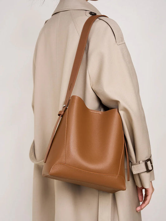 Minimalist Brown Leather Bucket Bag - Sleek and Structured