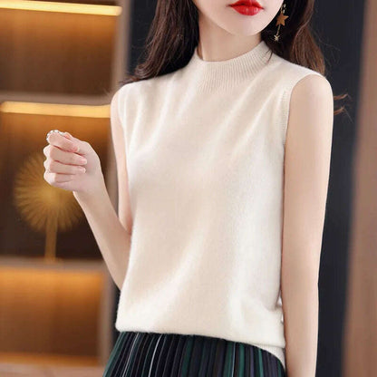 Casual Sleeveless Top – Mock Neck, Warm Knit, Korean Style