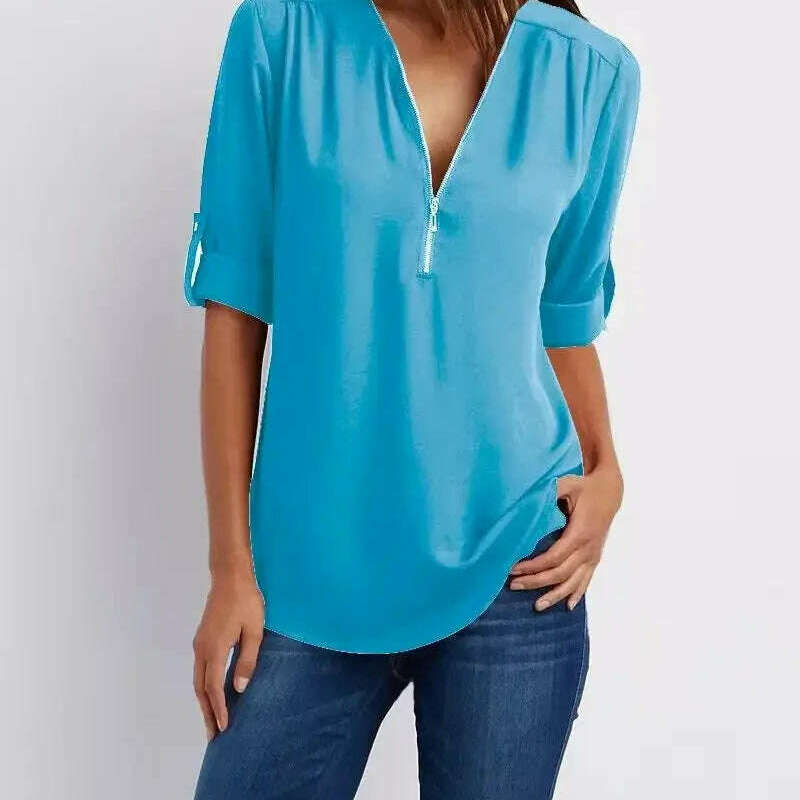 2024 Loose Chiffon Blouse: Deep V Neck, Zipper, Plus Size