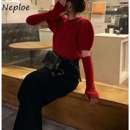 Neploe Korean Office Sweater: O-Neck, Short Sleeve, Solid Color Pullover - D&M Boutique 