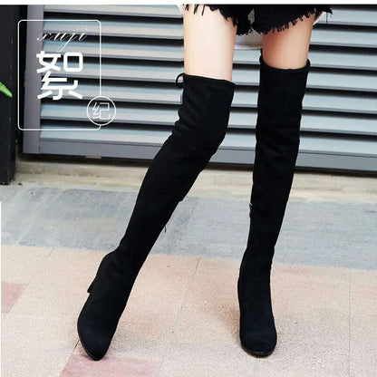 LINLING Faux Suede Over-the-Knee Lace-Up Boots