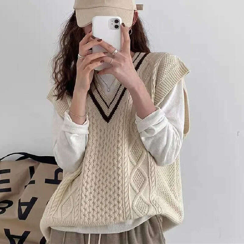 2024 Vintage V-Neck Cashmere Vest – College Style, Sleeveless Pullover - D&M Boutique