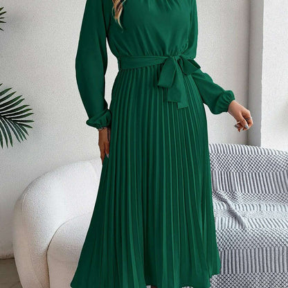 Autumn & Winter Pleated Stand-Up Collar Midi Dress