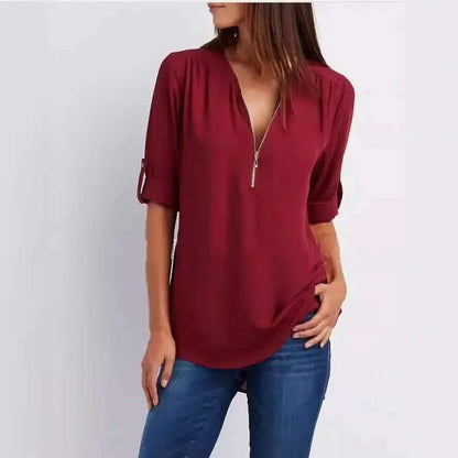 2024 Loose Chiffon Blouse: Deep V Neck, Zipper, Plus Size