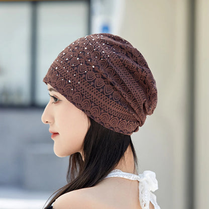 Women Fashion Lace Beanies Cap Rhinestone flower lace breathable spring summer beanie caps