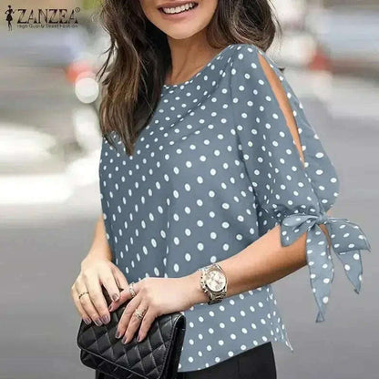 ZANZEA Casual Polka Dots Blouse: Half Sleeve, O-Neck, Oversize Tunic - D&M Boutique 