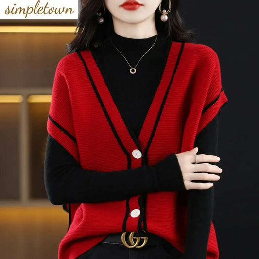 V-Neck Button-Down Sleeveless Cardigan – Cozy Knit Sweater for Autumn/Winter