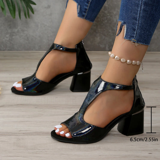 Peep Toe Chunky Heel Sandals - Elegant Black Pumps, Plus Size