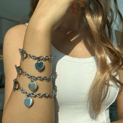 Classic Stainless Steel Toggle Bracelets Thick Chain Love Heart Charm Bracelet For Women Girls New Bracelets Trendy Jewelry