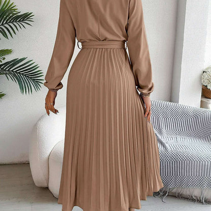 Autumn & Winter Pleated Stand-Up Collar Midi Dress