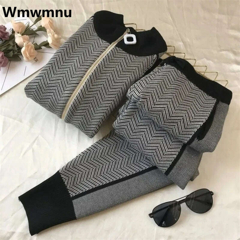 Korean Fashion 2-Piece Set, Half Turtleneck Knit Jacket & Jogger Pants - D&M Boutique