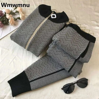 Korean Fashion 2-Piece Set, Half Turtleneck Knit Jacket & Jogger Pants - D&M Boutique