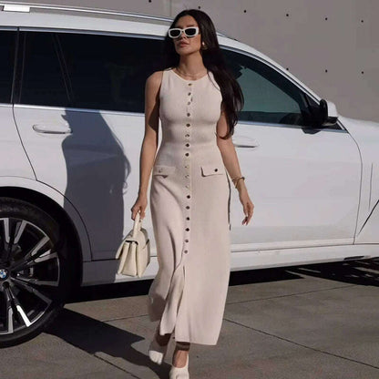 TARUXY Elegant Sleeveless Ribbed Knitwear Long Dress