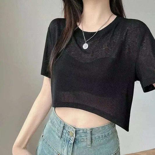 Ice Silk Mesh T-Shirt: Slim Fit, Sheer Sleeves, Summer Crop Top - D&M Boutique 