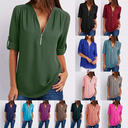 2024 Loose Chiffon Blouse: Deep V Neck, Zipper, Plus Size