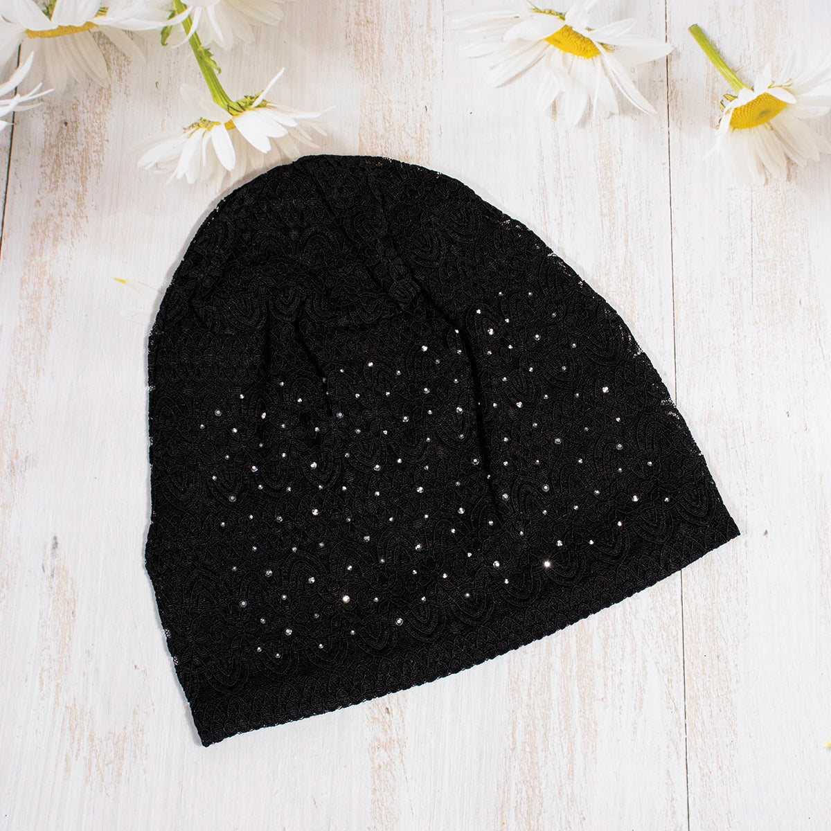 Women Fashion Lace Beanies Cap Rhinestone flower lace breathable spring summer beanie caps