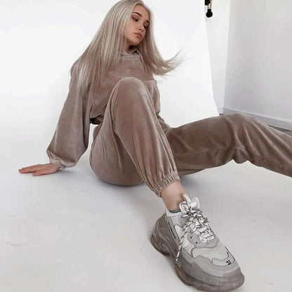 2025 Autumn Winter Women's Velvet Hoodie & Elastic Pants Set