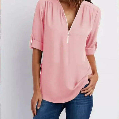 2024 Loose Chiffon Blouse: Deep V Neck, Zipper, Plus Size