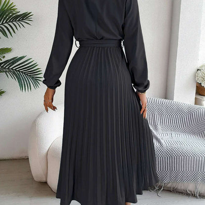 Autumn & Winter Pleated Stand-Up Collar Midi Dress